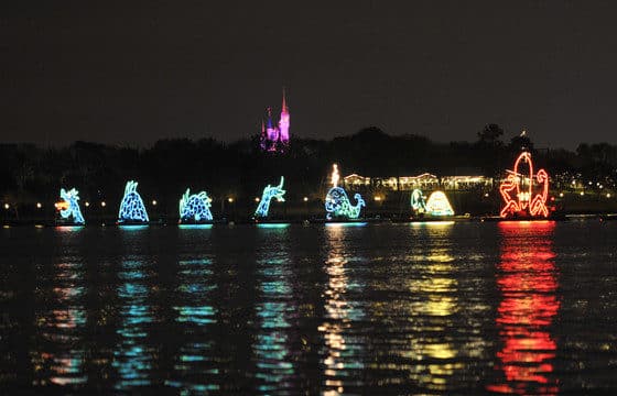 Electrical Water Pageant runs nightly on the Seven Seas Lagoon at Walt Disney World.