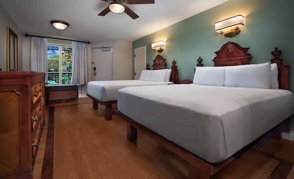 A standard pool view room at Disney's Port Orleans Resort – French Quarter. Photo credit: Disney.