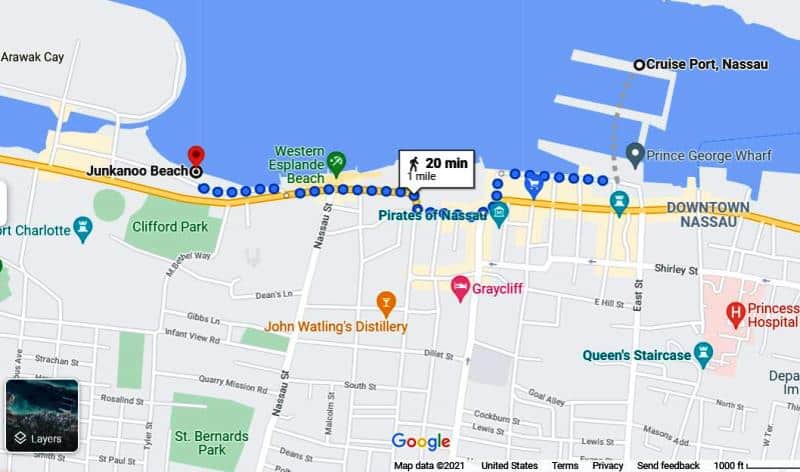 Map for how to get to junkanoo beach from cruise port in Nassau Bahamas