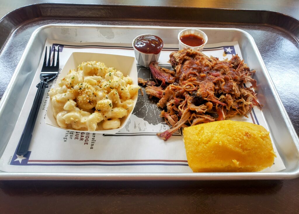 Pork Butt Platter with cornbread and mac & cheese