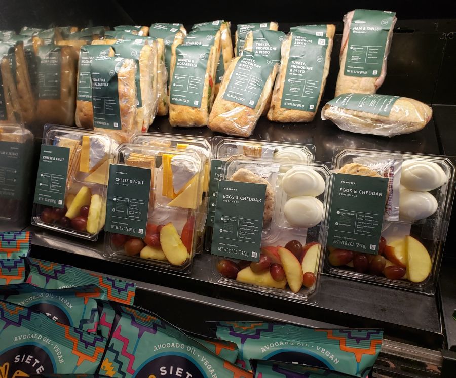 A case of grab and go breakfast items at the Starbucks in Downtown Disney.