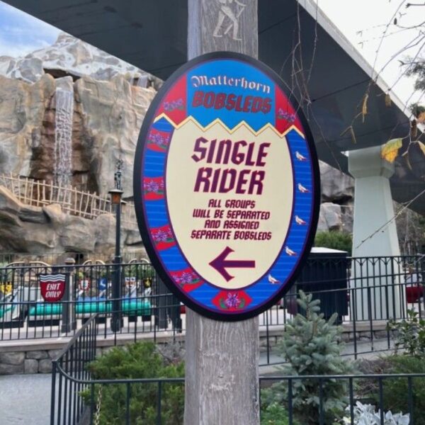 Disneyland Matterhorn Bobsleds Single Rider Sign