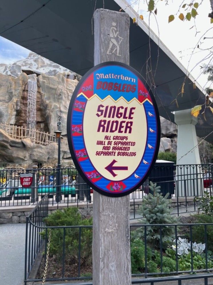 Disneyland Matterhorn Bobsleds Single Rider Sign